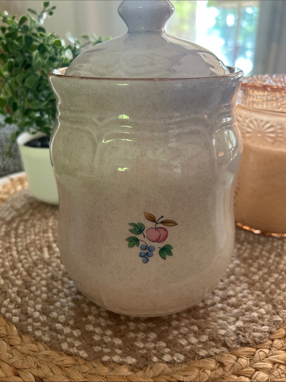 Medium International Heartland Ceramic Lidded Canister with Pastel Cottage Motif - Picture 2 of 4
